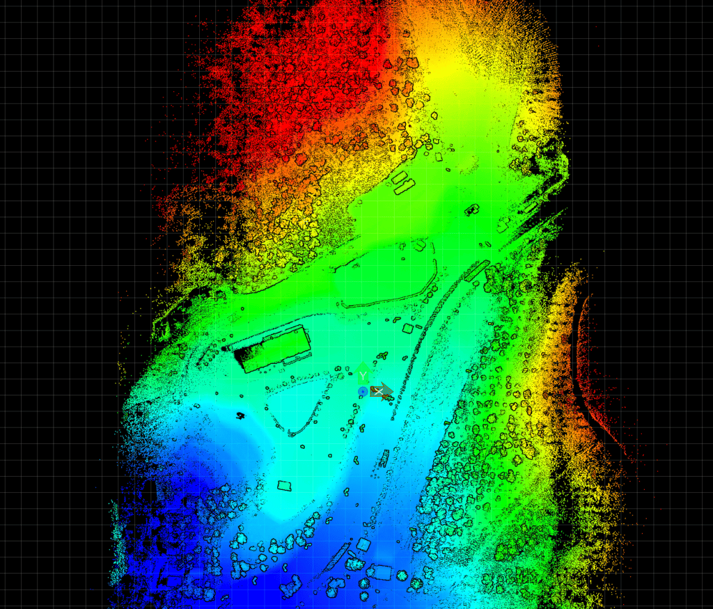 Point cloud from rTek's LiDAR survey, colorized by height. Raw, geodesic accuracy point clouds like this one include a vast amount of survey information that can be extracted for general use cases.